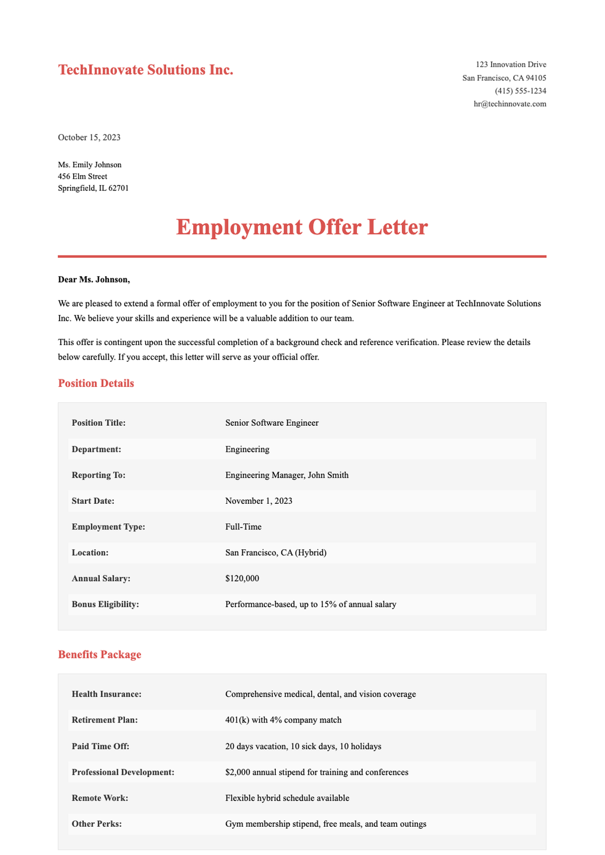 Professional employment offer letter for Senior Product Manager with benefits package_variant_3